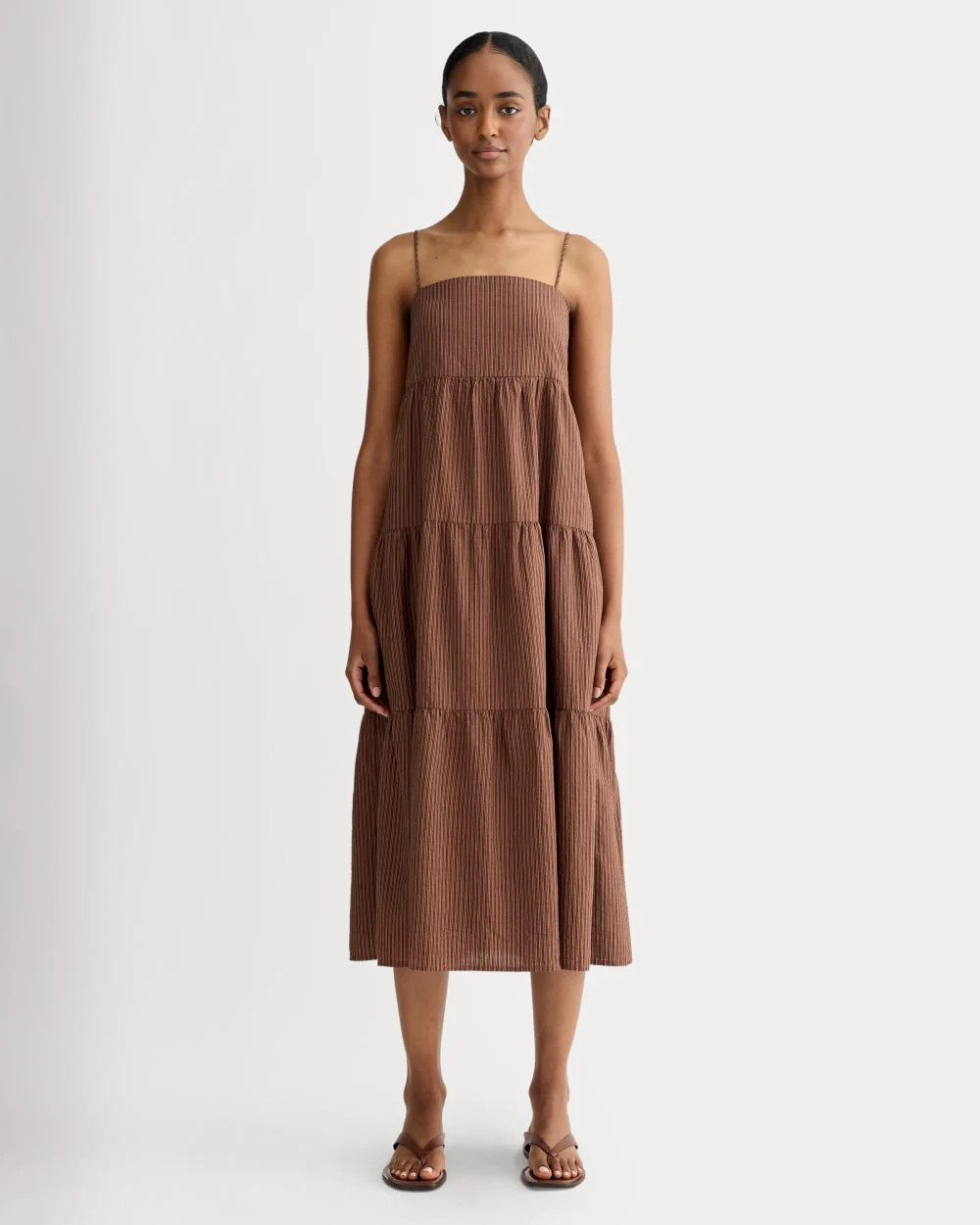 The Gauze Tiered Dress | Carob Brown / Black | Everlane