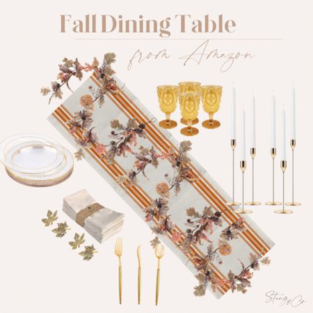 Fall dining table inspiration - all from Amazon! This orange striped table runner pairs with fall garland, gold candlesticks, amber glasses, clear and gold disposable plates and silverware, and gold leaf napkin rings. 

Fall dining table, thanksgiving table, fall decor

#LTKfindsunder50 #LTKhome #LTKSeasonal
