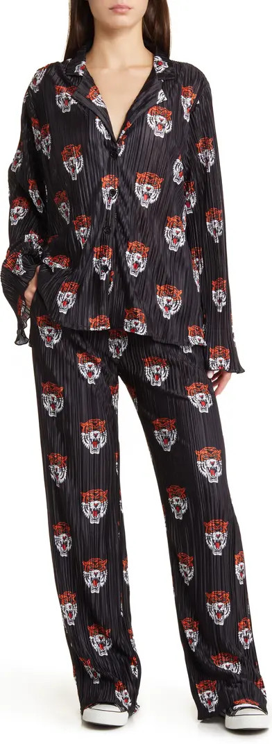 Tiger Long Sleeve Plissé Top & High Waist Pants Set | Nordstrom