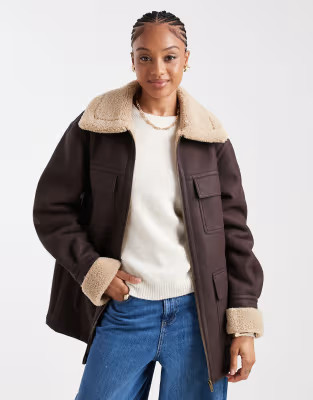 ASOS DESIGN Tall leather look mid length bonded jacket in chocolate | ASOS (Global)