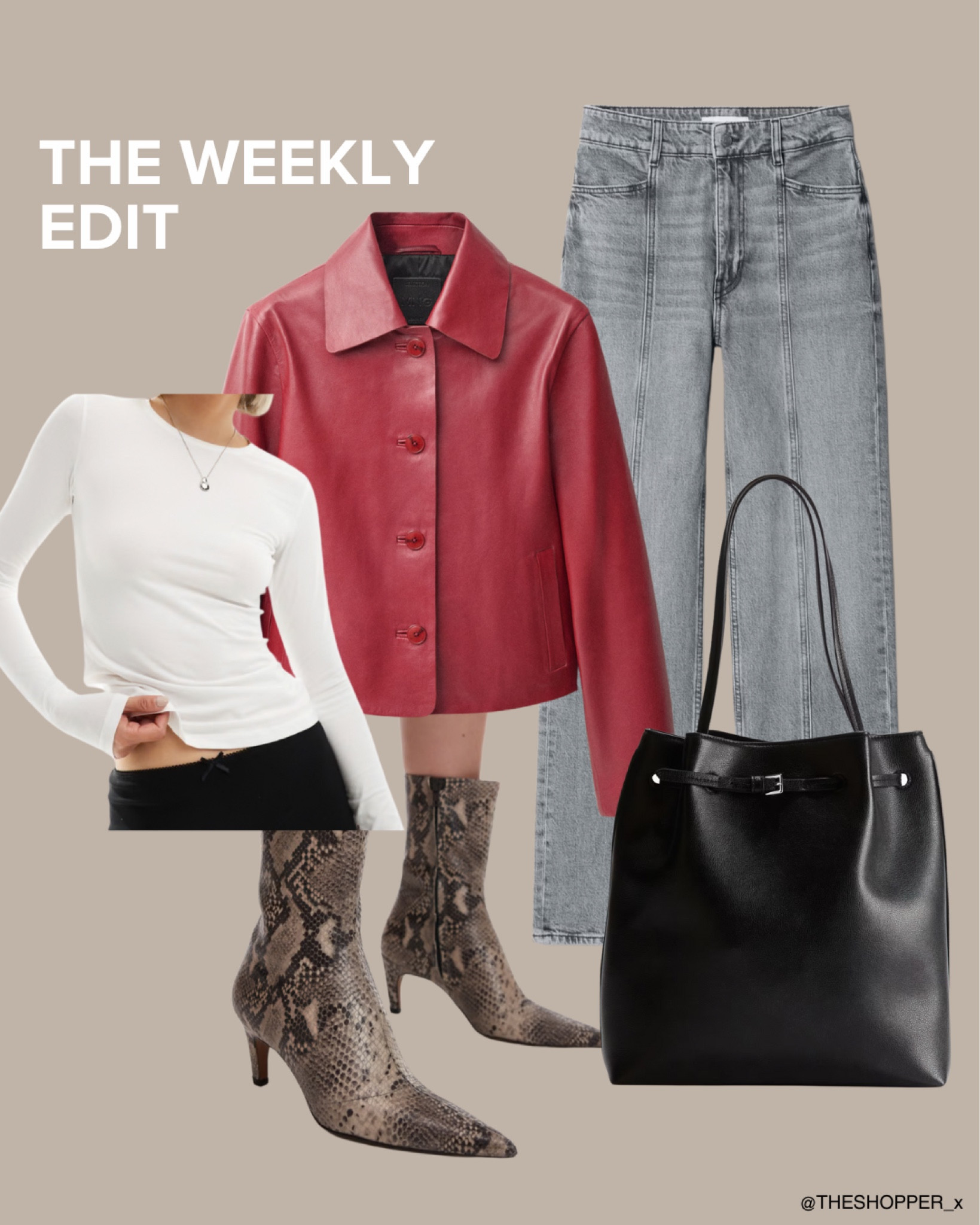 Red buttoned leather jacket, long sleeve tshirt, high waist straight jeans, leather heeled snake ankle boots, belt detail coated shopper 

#LTKspring #LTKuk #LTKeurope