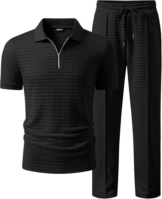 JMIERR Mens Summer Outfits 2 Piece Short Sets Beach Waffle 1/4 Zip Polo Shirts Casual Loose Pant ... | Amazon (US)