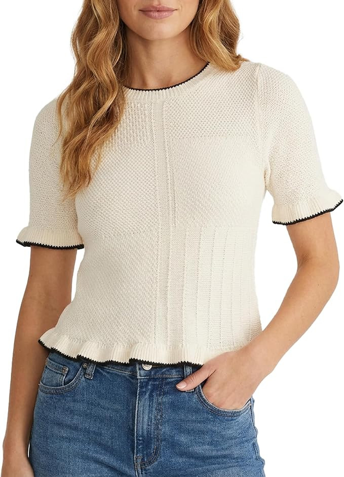 Womens Short Sleeve Sweater Ruffle Hem Ribbed Knit Crew Neck 2026 Summer Pullover Shirt Tops | Amazon (US)