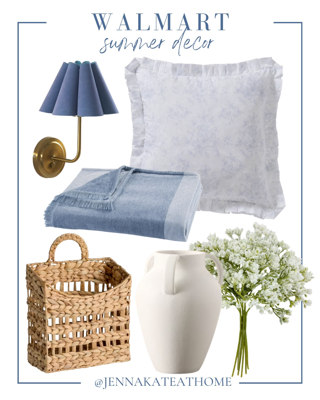Walmart summer home finds include sconce, throw pillow, blanket, floral stems, vase, and wall basket.

Home decor, looks for less, coastal home, neutral home

#LTKHome #LTKvlog #LTKSeasonal