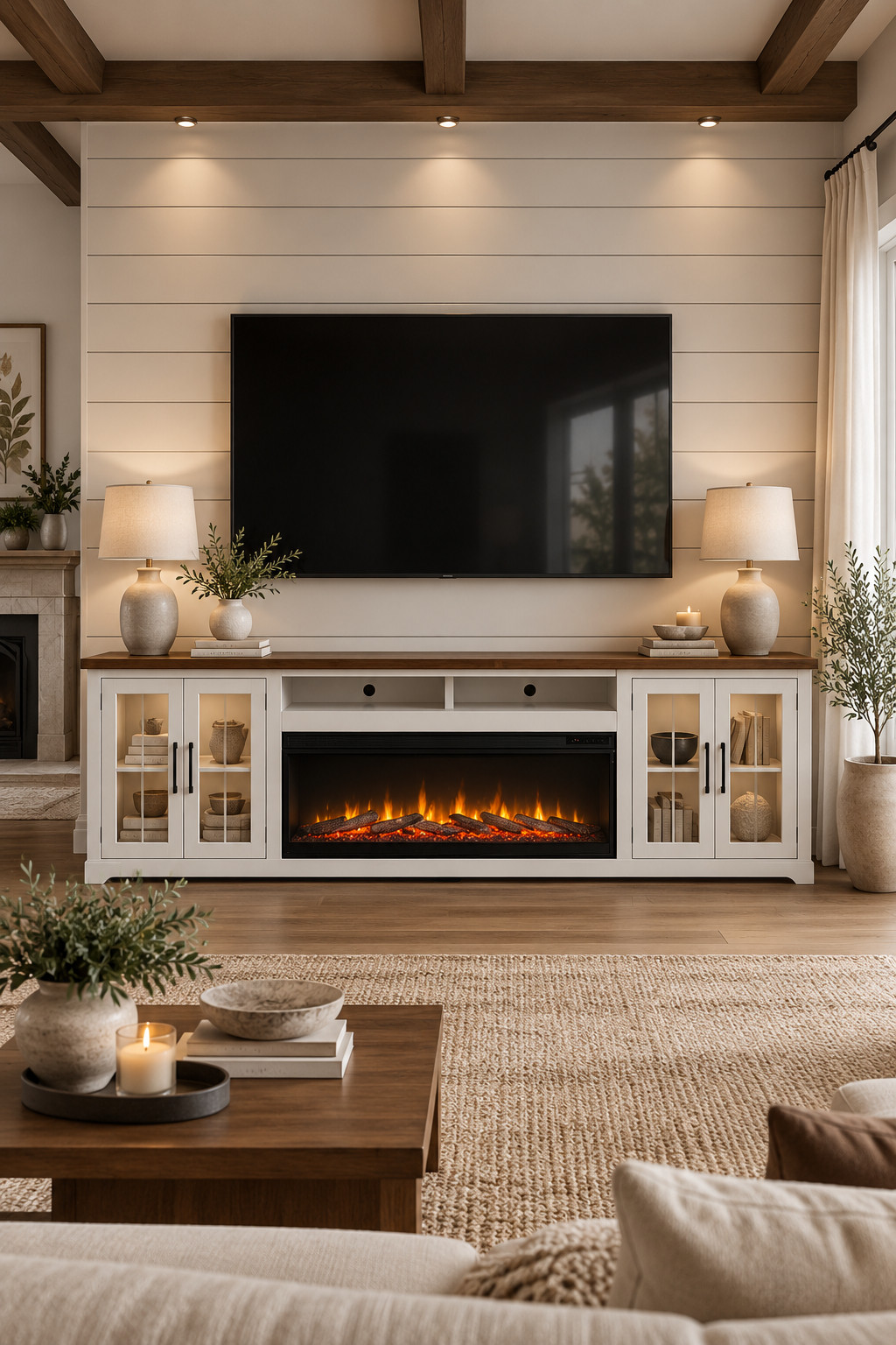 I love a living room that feels cozy but still clean and elevated, and a tv stand with fireplace gives you exactly that vibe. These Wayfair finds look so good styled with neutral decor, ceramics, books, and fall stems. Plus, select styles are up to 60% off during Wayfair’s 5 Days of Deals. Such an easy seasonal refresh. #TVStandWithFireplace #WayfairFinds #NeutralHomeDecor #LivingRoomIdeas #FallDecor #ElectricFireplace #HomeStyle 

 #LTKSeasonal #LTKHome #LTKSaleAlert