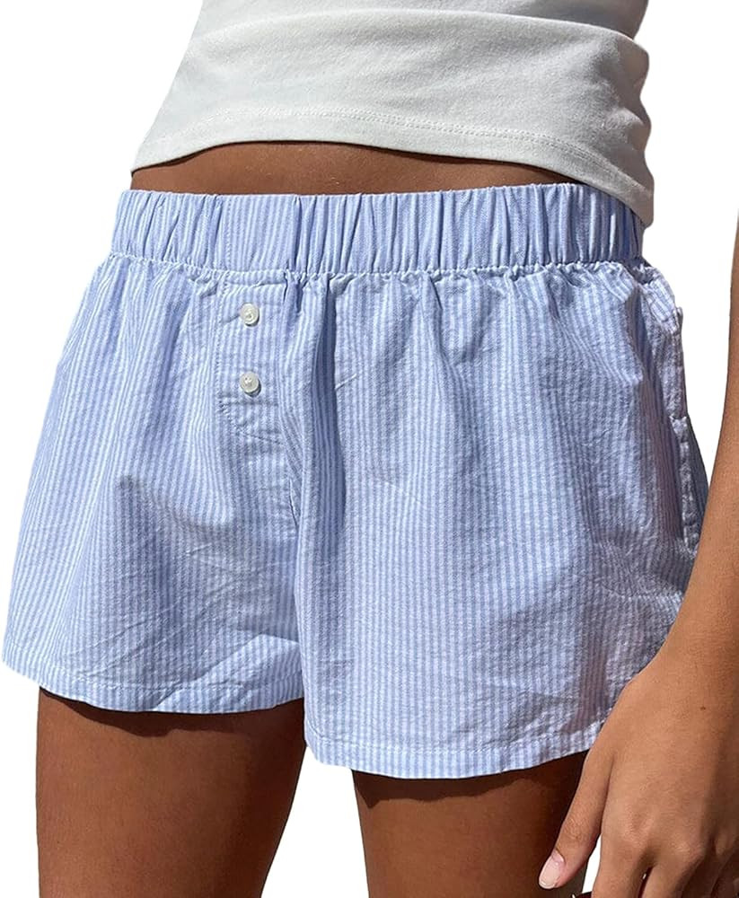 Womens Y2k Cute Plaid Striped Print Pajama Boxer Shorts Gingham Lounge PJ Bottoms Shorts Checkere... | Amazon (US)