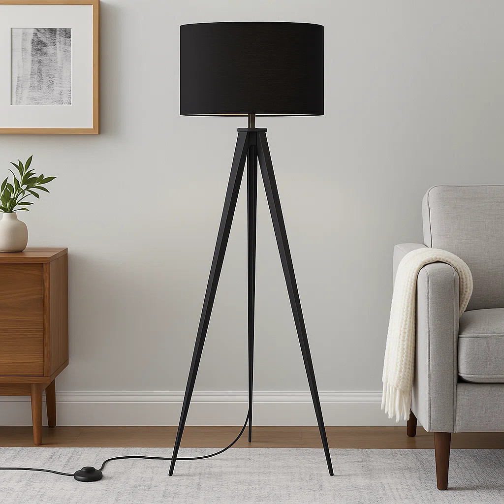 Cardone 60" Tripod Floor Lamp with Drum Shade and Foot Switch – Black | Wayfair North America