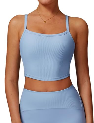 Womens Scoop Neck Longline Sports Bras Fixed Cross Back Women Workout Crop Tank Tops with Built in Bra Active Wear Athletic Work Out Gym Yoga Padded Bra Tank Top Blue M | Amazon (US)