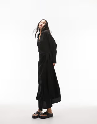 Topshop premium tie detail midi shirtdress in black | ASOS (Global)