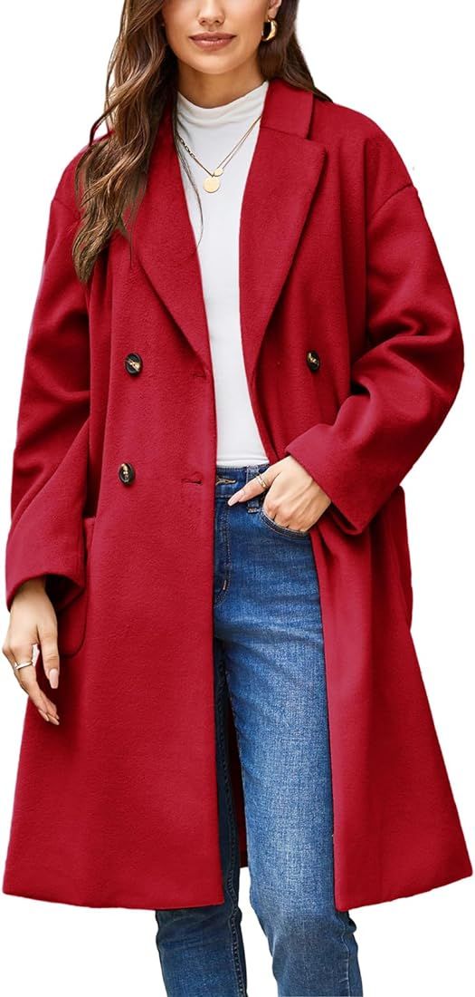 2023 Women Winter Coats Double Breasted Wool Blend Coat Casual Notched Collar Pea Coat Mid Long W... | Amazon (US)
