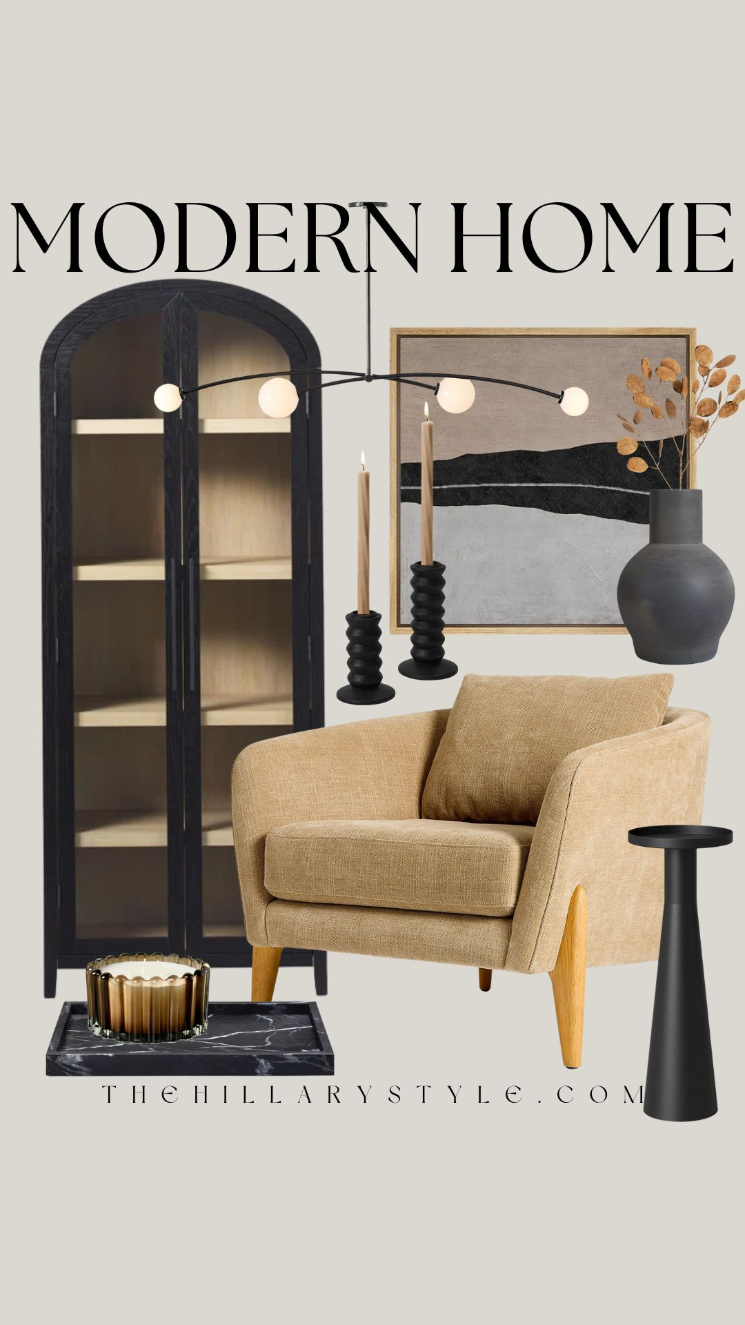 Modern Home: home decor and furniture finds for the modern organic home. Wood arch curio cabinet, black curio cabinet, black arched bookshelf cabinet, accent chair, black pedestal cocktail table, accent table, framed abstract wall art, black linear chandelier, black marble tray, glass fall candle, black ceramic case, brown faux fall stems, black wood taper candle holders, brown taper candles. Late summer home refresh, fall home refresh, fall home decor, black and neutral home decor, modern home decor. Target, West Elm, Wayfair.  

 

#LTKSeasonal #LTKHome #LTKStyleTip