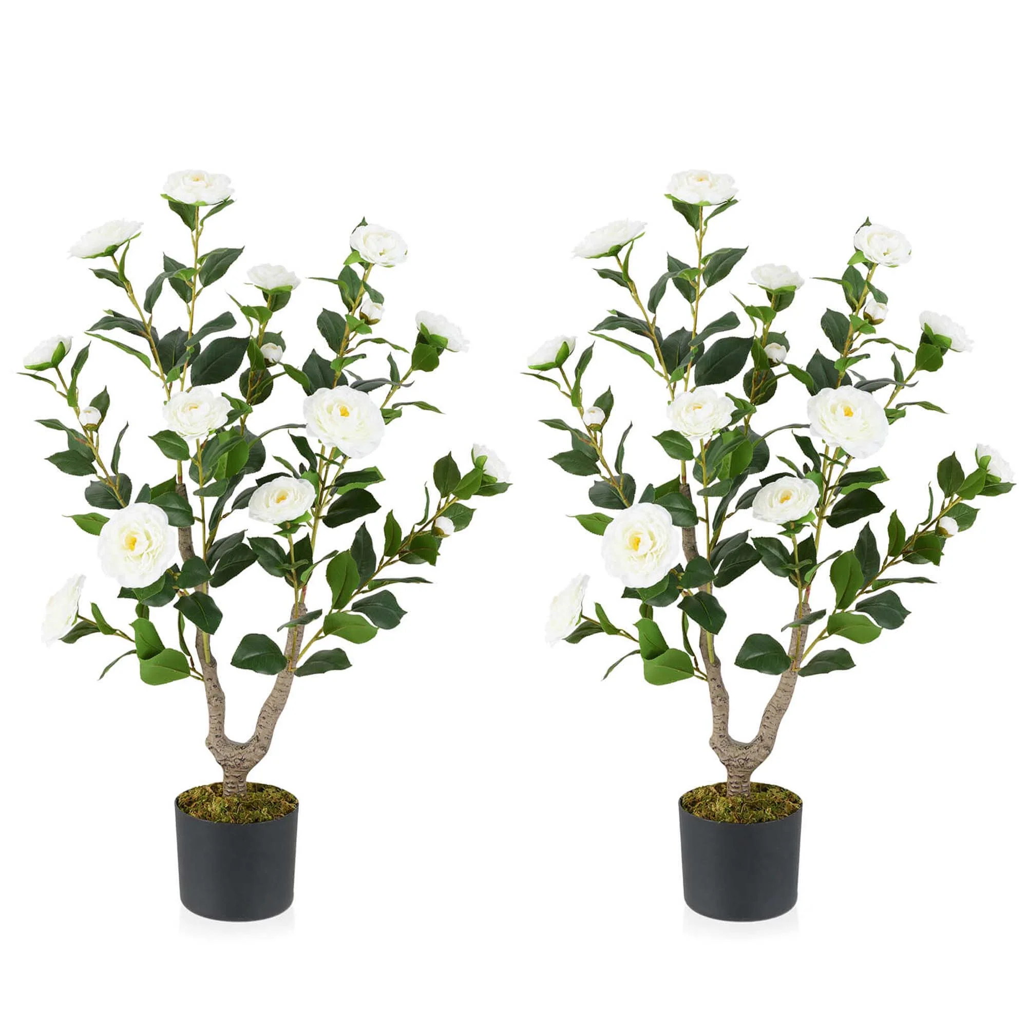 Costway 2 PCS 36" Artificial Camellia Tree Fake Potted Tree Greenery Floral Plant Modern White | Walmart (US)