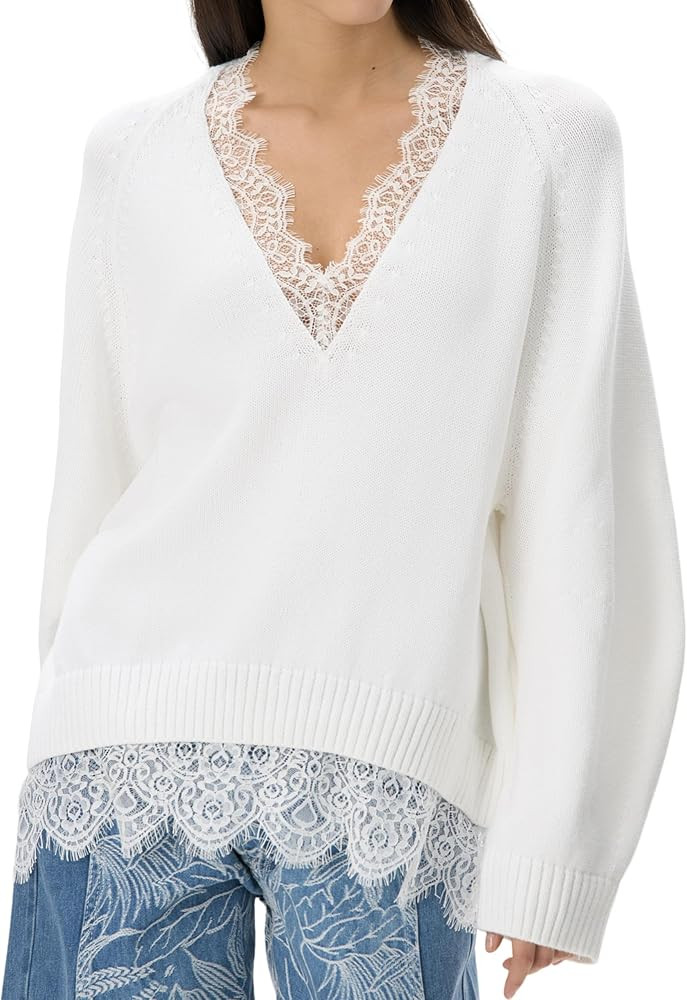 Lentta Women's Lace V Neck 2026 Fall Sweaters Casual Long Sleeve Ribbed Knit Pullover Lightweight... | Amazon (US)