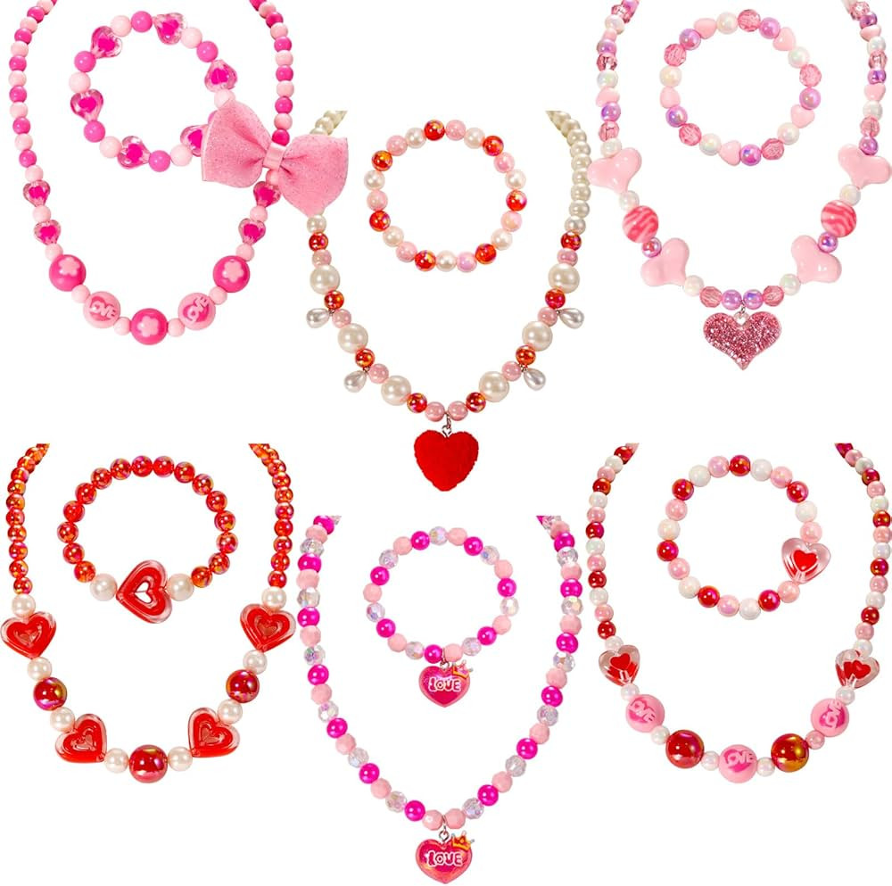 PinkSheep Kids Jewelry for Valentines Day : 6 Necklace and Bracelet Set for Kids Valentines Day G... | Amazon (US)