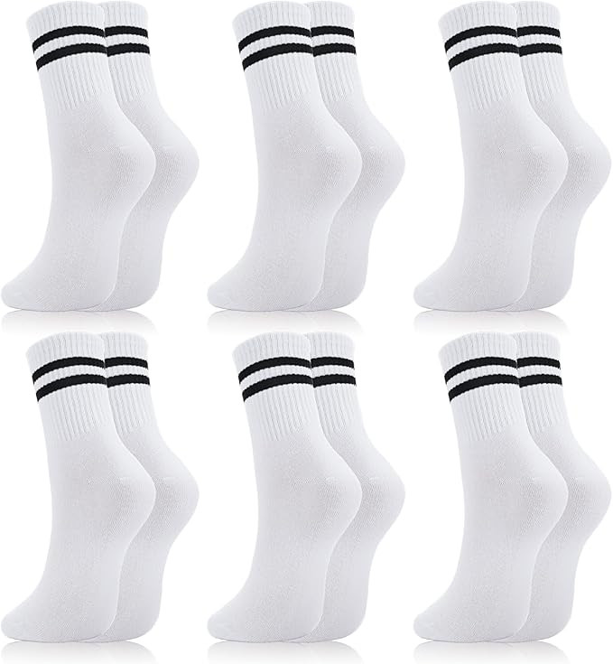 Fingertip WD Womens White Crew Socks 6 Pair Striped Trim Casual Crew Socks Mid Calf Ankle Sock Vi... | Amazon (US)