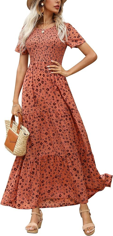Maggeer Womens 2024 Summer Spring Smocked Wedding Guest Maxi Dress Casual Short Sleeve Floral Boh... | Amazon (US)