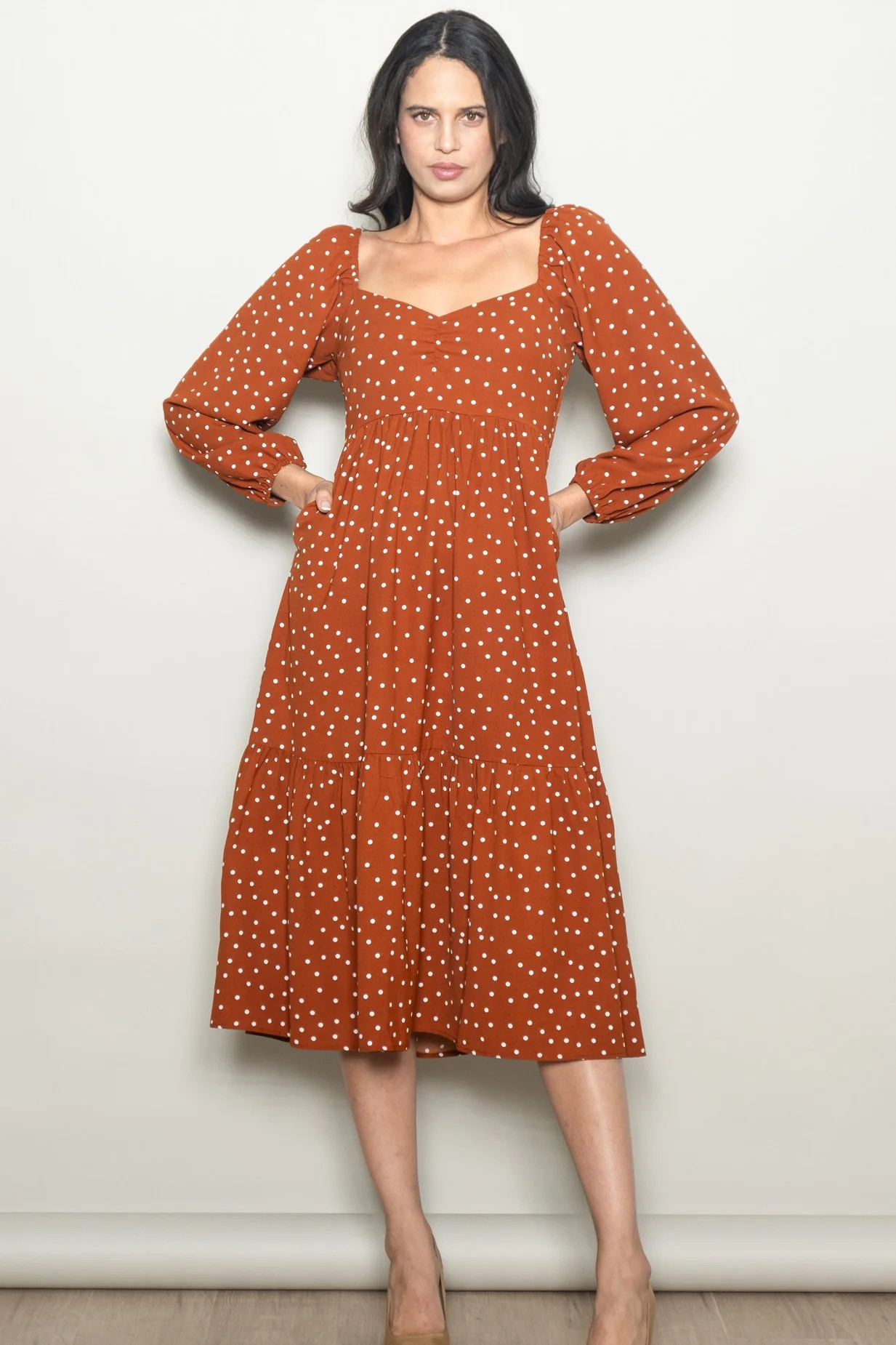 Rust Polka Dots Sweetheart Neck Midi Dress - Small | PinkBlush Maternity
