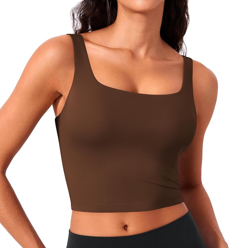 PINSPARK Sports Bra for Women Square Neck Longline Tank Top with Built in Bra | Amazon (US)