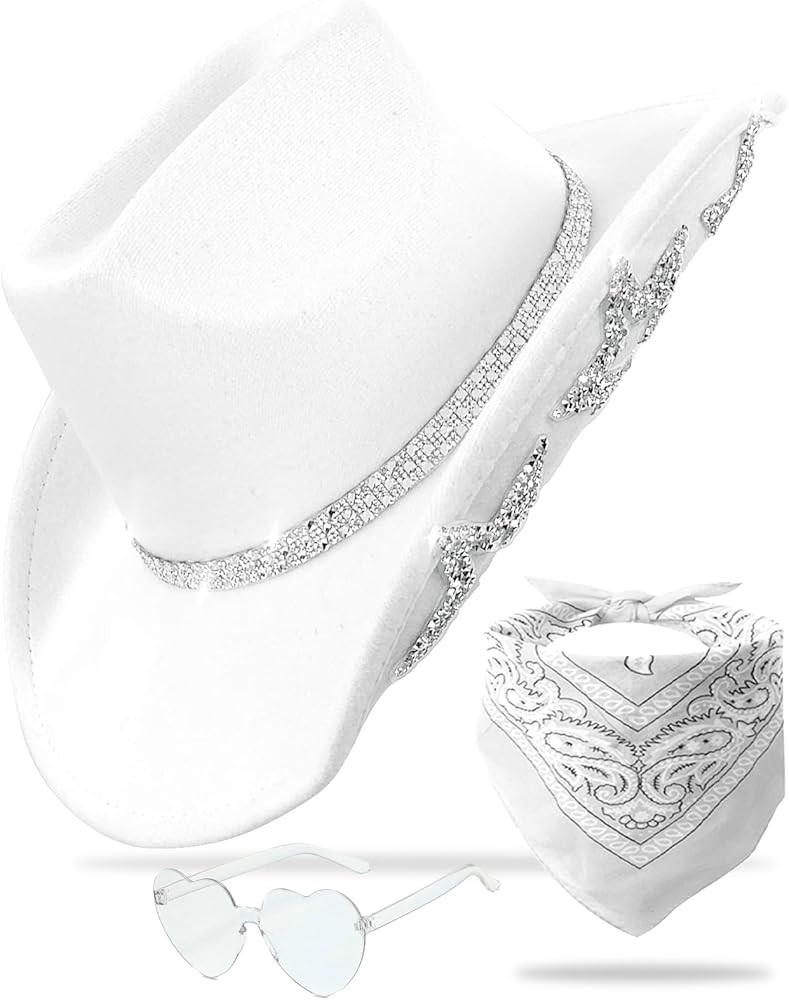 JICASTO Cowboy Hat for Women Men 6 Sparkly Stars Brim & Rhinestone Belt Western Cowgirl Hat with ... | Amazon (US)