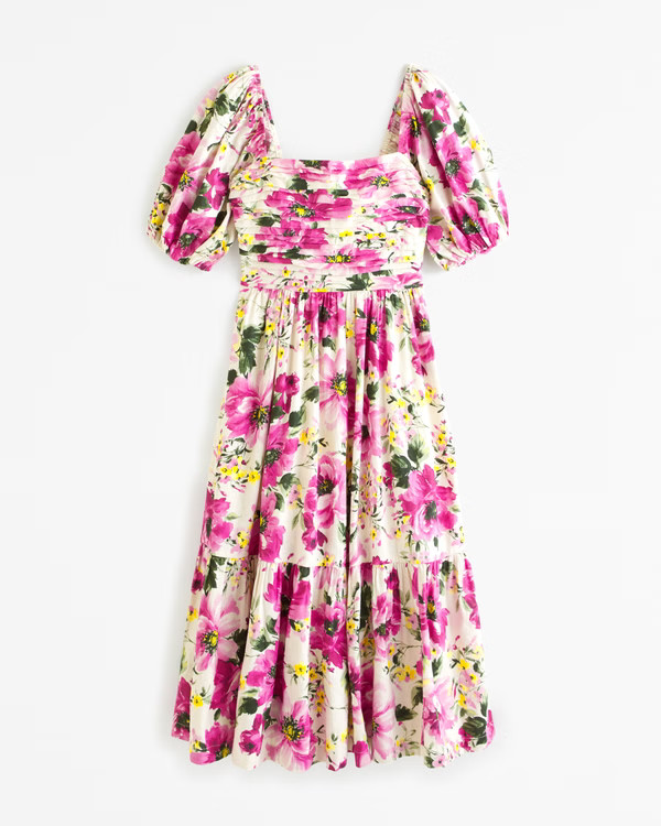 Emerson Linen-Blend Puff Sleeve Midi Dress | Abercrombie & Fitch (US)