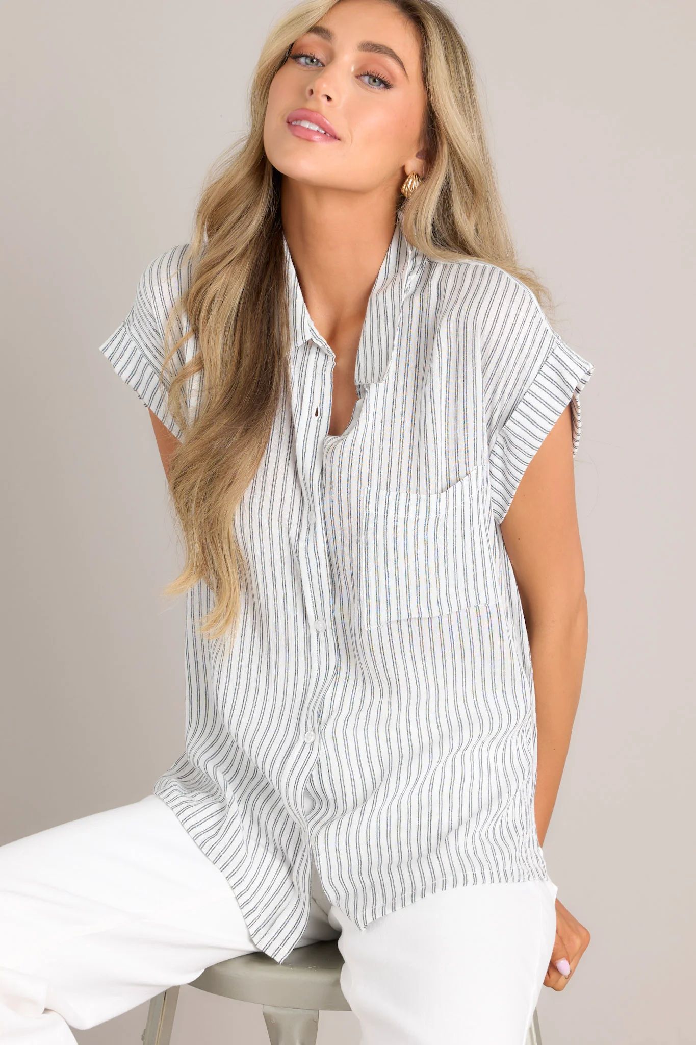 Roots of Renewal Charcoal Stripe Button Front Top | Red Dress