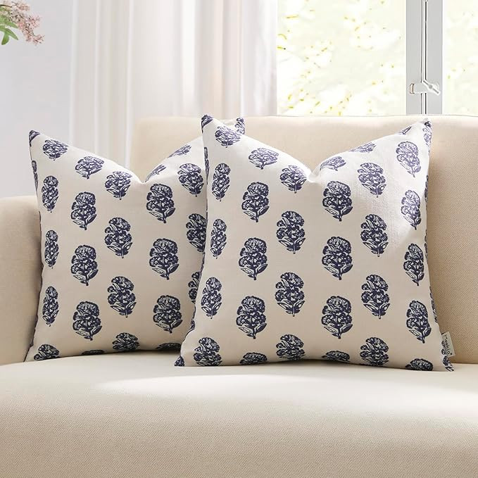 Meekio Set of 2 Navy Blue Pillow Covers 18 x 18 inches Linen Throw Pillow Covers with Floral Bloc... | Amazon (US)