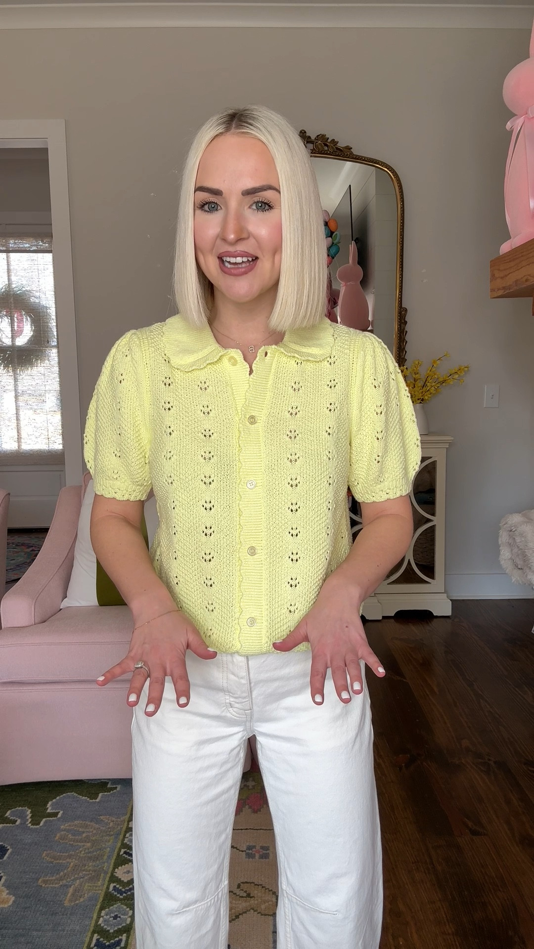 Pointelle cardigan sweater 
Size: small (sized up from XS) 
Jeans are 23 petite - run large 

#LTKPetite