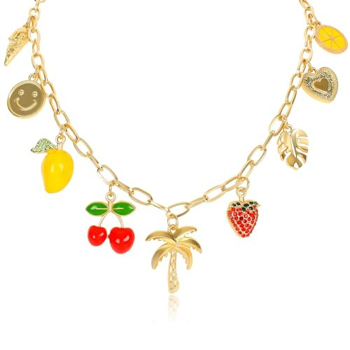 HETICA Gold Fruit Hawaiian Style Charm Necklace with Cute Pendant Mango Cherry Coconut Tree Strawberry Heart Pendant Necklace, Trendy Y2K Summer Jewelry | Amazon (US)