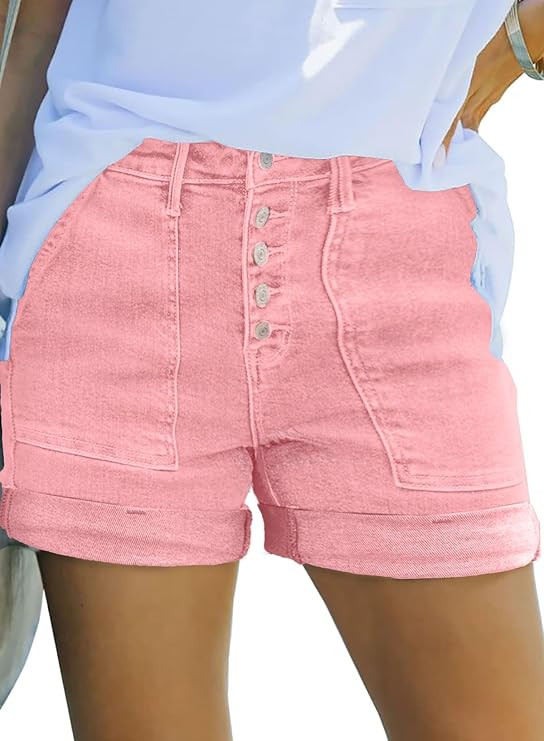 Sidefeel Womens Jean Shorts High Waisted Stretchy Buttoned Folded Hem Zimbaplatinum Denim Shorts | Amazon (US)