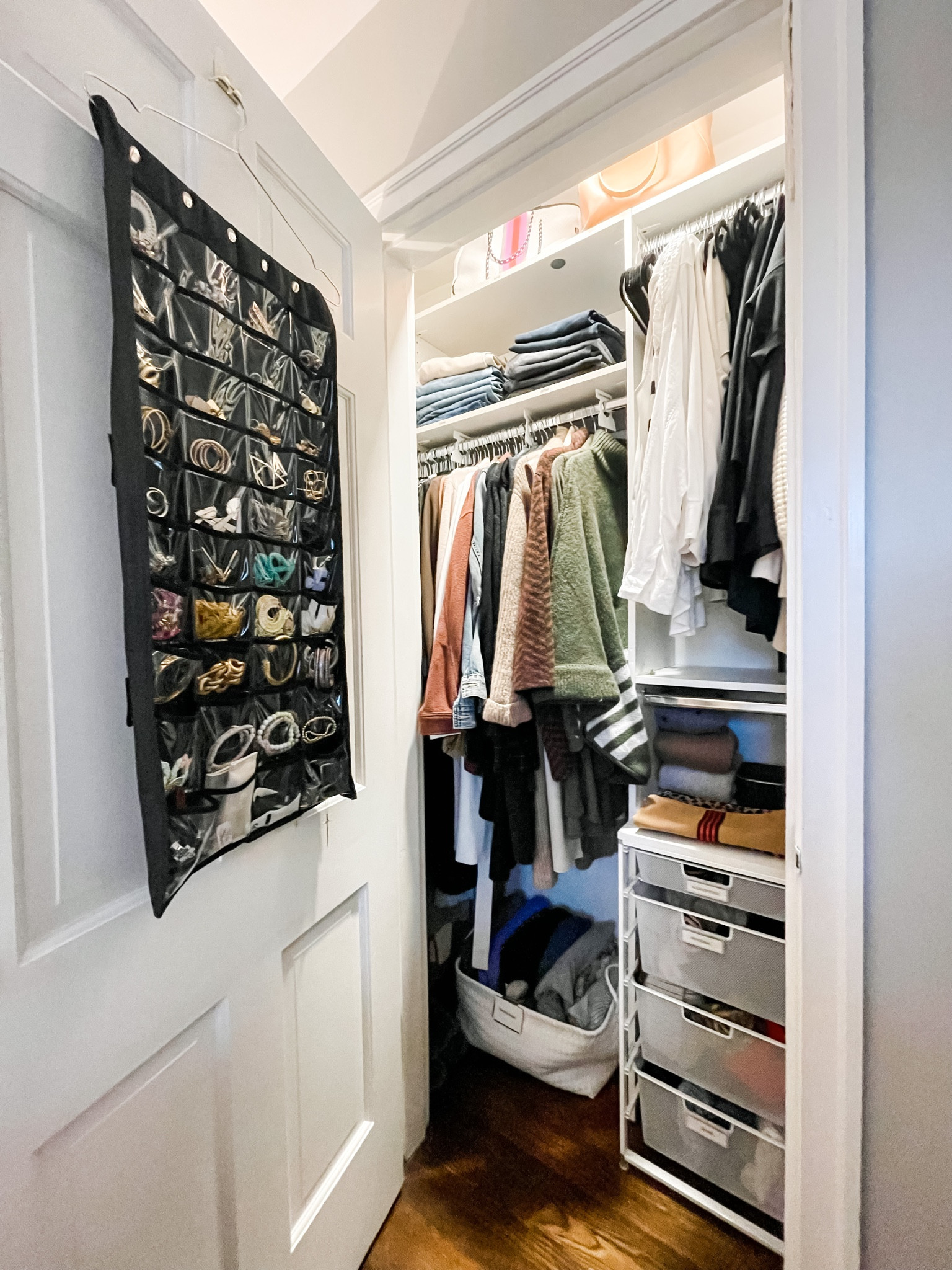 Here what I used to maximize a small reach in closet! 

Slimline velvet hangers
Hanging jewelry organizer
Closet rod organizers
Elfa drawer base
Woven basket
Canvas bins 

Small reach in primary closet organization, small space organizing, elfa, the container store