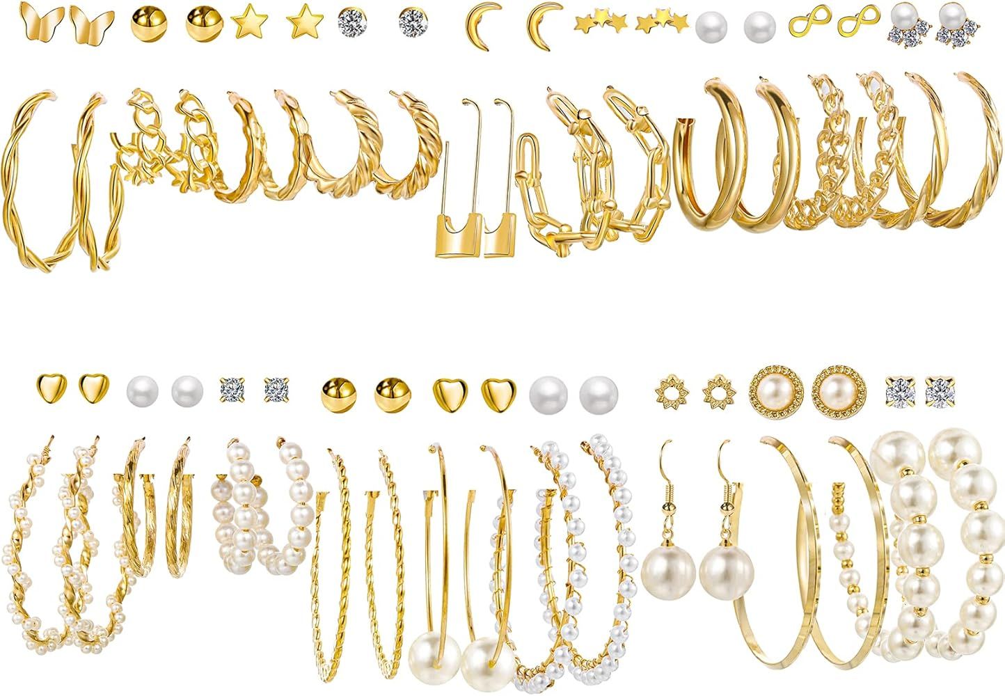 36 Pairs Gold Pearl Earrings Set for Women Girls, Fashion Chain Link Hoop Stud Drop Dangle Earrings  | Amazon (US)