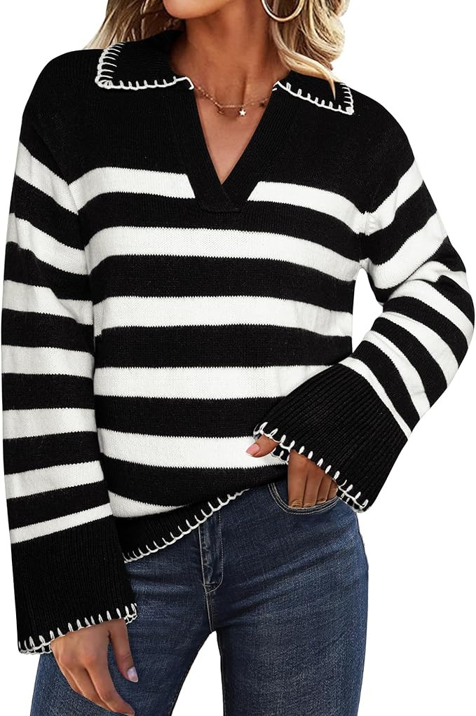 GRACE KARIN Womens Fall Fashion 2024 Sweater Long Sleeve Striped Contrast V Neck Knit Pullover To... | Amazon (US)