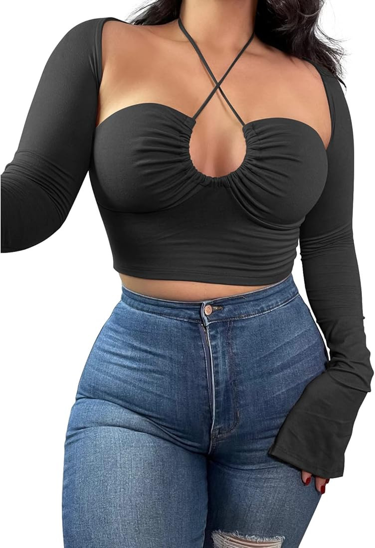 KERPELLY Women's Sexy Halter Criss Cross Tie Up Crop Top Basic Long Sleeve Cut Out T Shirt | Amazon (US)