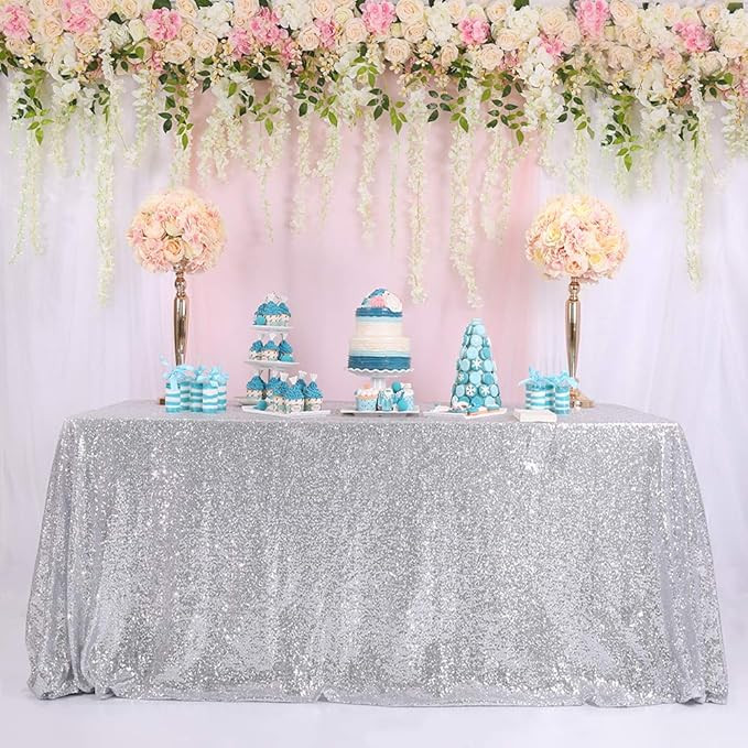 TRLYC Silver Sequin Tablecloth Rectangle - Glitter 50x85inch Silver Tablecloth Birthday Baby S... | Amazon (US)