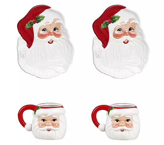 Mr. Christmas 20 oz Santa Mugs and 8 in Santa Plates Set of 4 | QVC