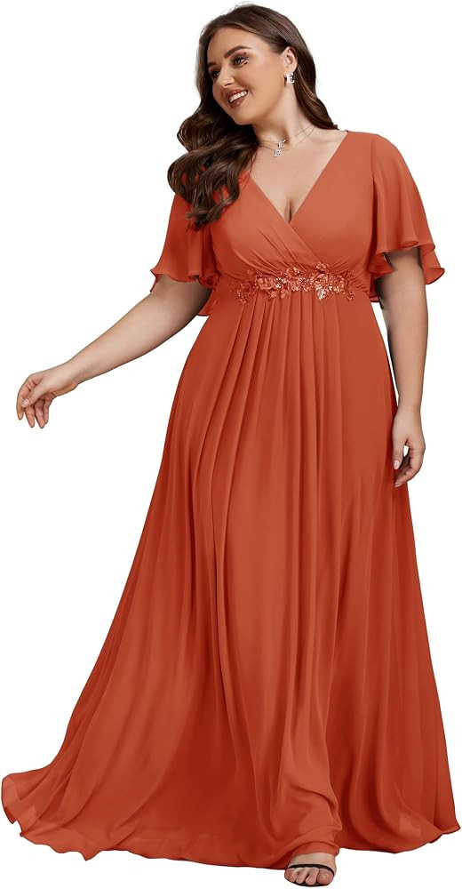 Ever-Pretty Short Sleeves V Neck Plus Size Formal Dresses for Curvy Women Chiffon Mother of The B... | Amazon (US)