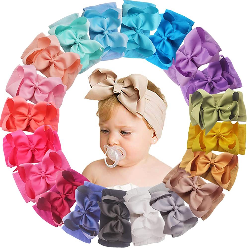 Yxiang 20pcs Baby Bows Headbands 6" Big Newborns Bows Elastics Nylon Hairbands Ribbon Bow Hair Ac... | Amazon (US)