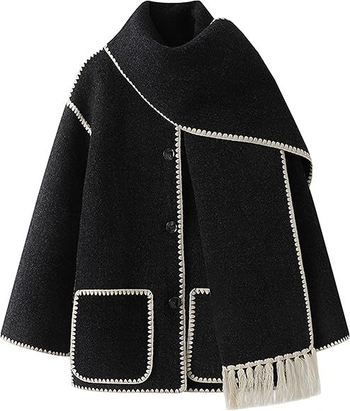 Yidarer Women's Embroidered Scarf Jacket Oversized Wool Blend Coat Winter Outerwear with Tassel Scarf | Amazon (US)