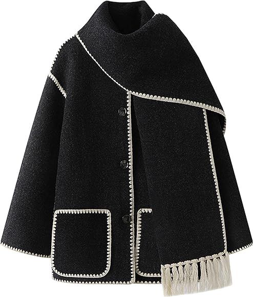 Yidarer Women's Embroidered Scarf Jacket Oversized Wool Blend Coat Winter Outerwear with Tassel Scarf | Amazon (US)