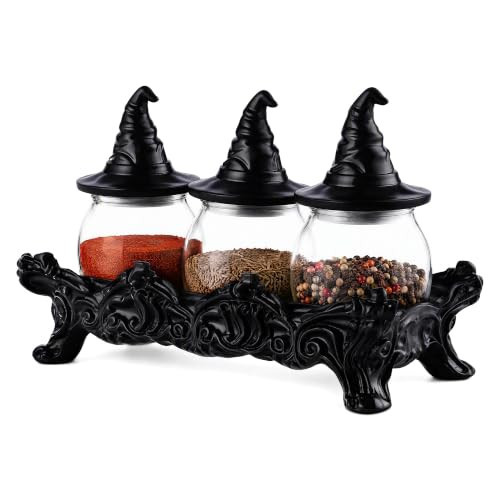 Subtoy Witchy Hat Apothecary Jars with Resin Stand, Halloween Glass Jars, Gothic Kitchen Decor, Decorative Seasoning Containers for Halloween Countertop | Amazon (US)