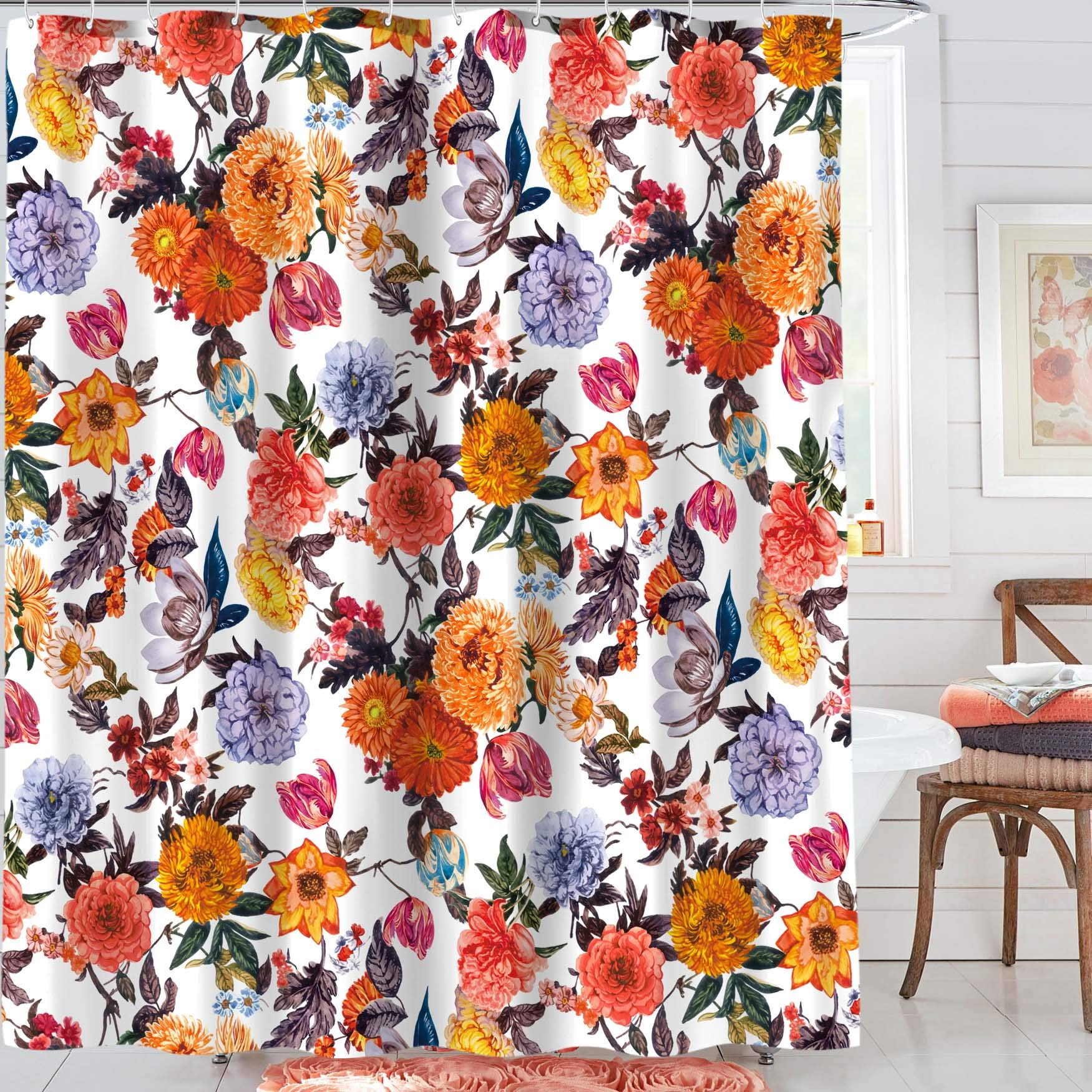 Neasow Boho Floral Shower Curtains for Bathroom, Colorful Fabric Blossom Shower Curtain Set with 12 Hooks, Multi Red | Amazon (US)