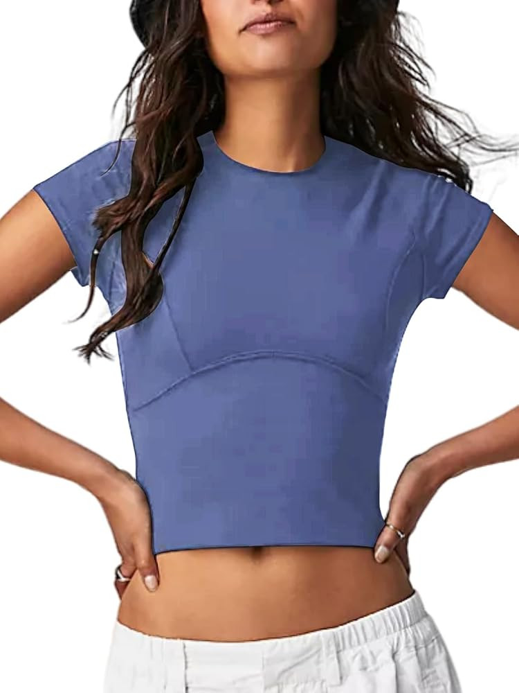 Women Short Sleeve Shirts Crewneck Slim Fitted Cute T Shirt Stretchy 2024 Summer Vintage Basic Te... | Amazon (US)