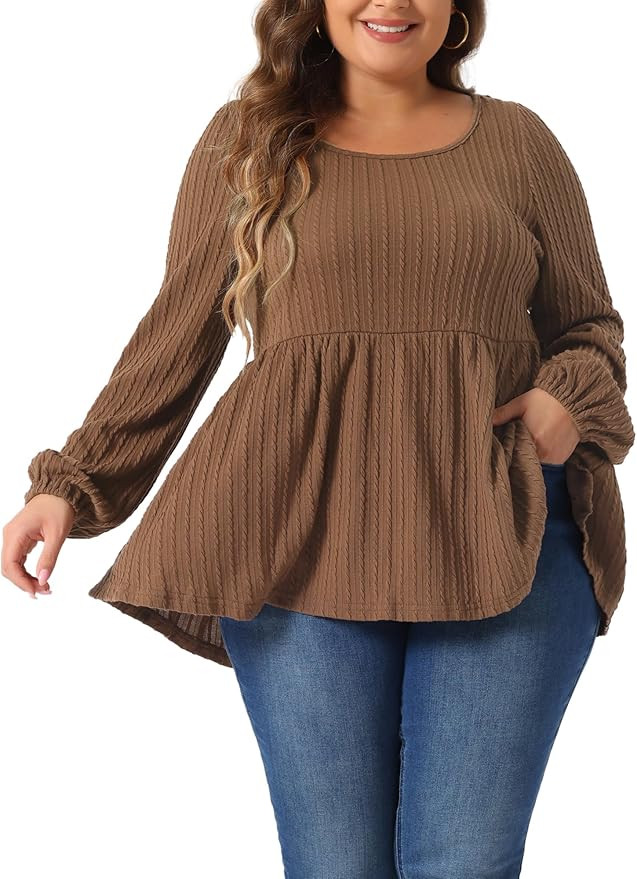 Agnes Orinda Plus Size Blouses for Women Scoop Neck Long Sleeve Ruffle Hem Peplum Knit Top | Amazon (US)