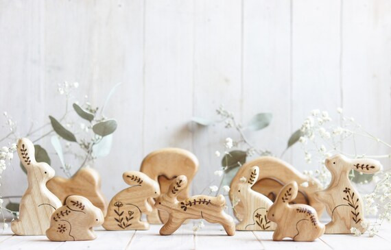 Set of Wooden Bunnies. Wooden Bunny Toy. Waldorf Rabbit Toy. Montessori baby and toddler toys. Gi... | Etsy (US)