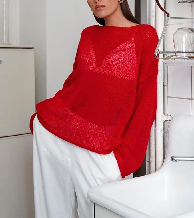 LRRYYR Red Sweters for Women, Womens Sweater, O-Neck Solid Color See Through Pullover Jumper Shirt Beach (US, Alpha, Large, Regular, Regular, Red) at Amazon Women\u2019s Clothing store mason | Amazon (US)
