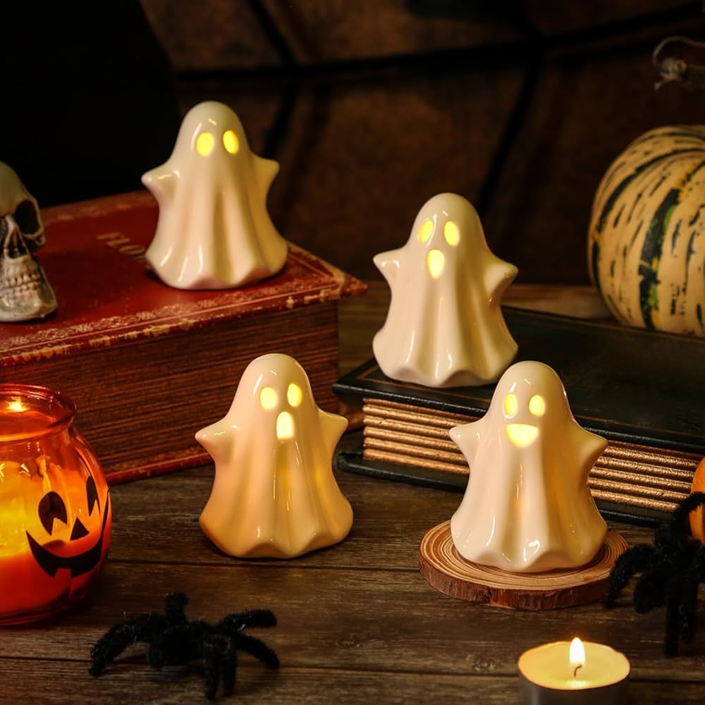 KORMMCO 4PCS Ghost Halloween Decor, Cute Ceramic Ghost Light Up Decor, Small White Ghost Figurine... | Amazon (US)