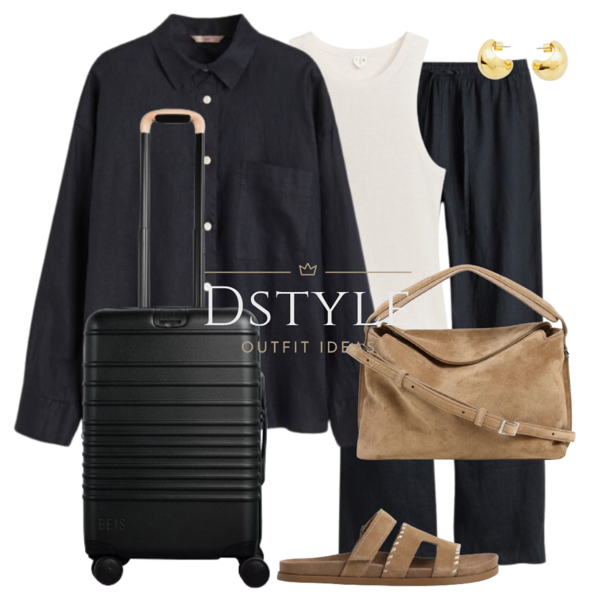 Oversized linen shirt, matching linen trousers, fine knitted top, suede bag, slide sandals, BÉIS carry-on roller, travel look, travel in style, comfy outfit, travel ootd

#LTKActive #LTKtravel #LTKfindsunder50