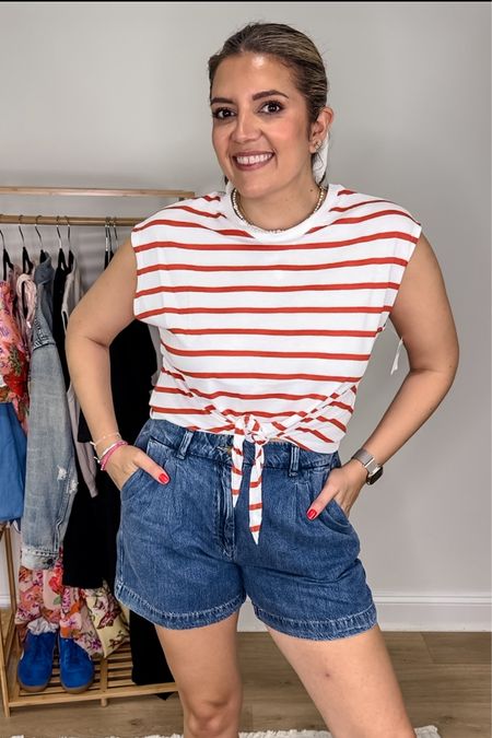 Striped tee fits relaxed but tts. Shorts also relaxed but tts. In a medium in both. Old navy sale new arrivals try on. Size 8 / size medium 

#LTKSaleAlert #LTKMidsize #LTKFindsUnder50