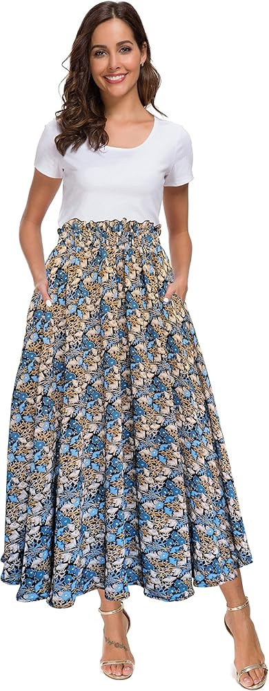 Afibi Women High Waist Floral Print Swing Chiffon Beach Midi Long Skirt with Pockets | Amazon (US)