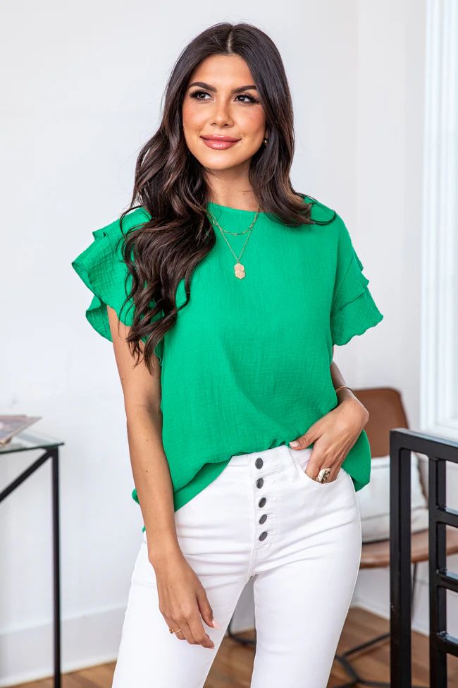 Don't You Worry Green Gauze Flutter Sleeve Blouse | Pink Lily